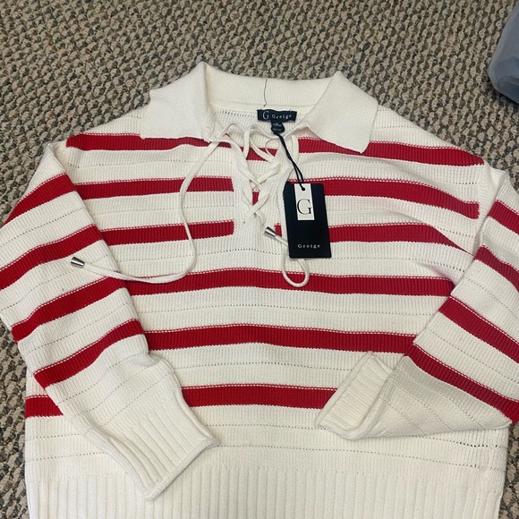 Sweaters - Greige Red & White Striped Lace-Up Knit Sweater